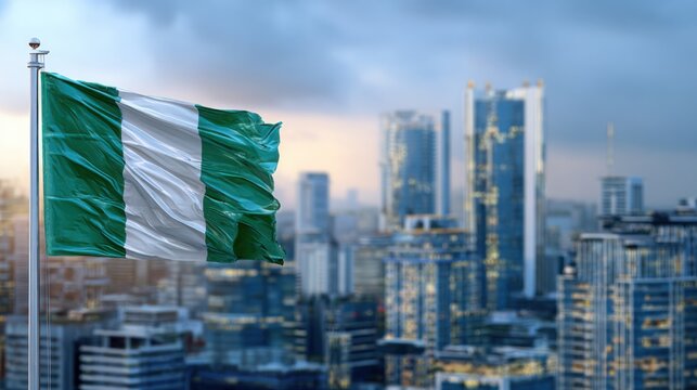 Nigerian flag flies over a city skyline during twilight with modern buildings and cloudy skies in view