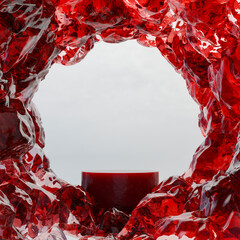 Abstact 3d rendering Natural background, Red stone podium on Ruby rock cave for product display, advertising, mockup or etc	