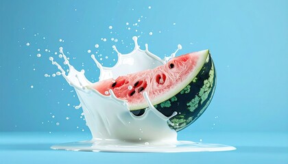 Watermelon slice exploding from a splash of white liquid on a blue backdrop