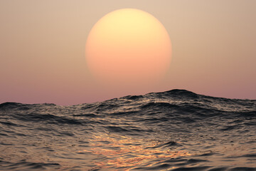 3d Rendering A vibrant orange sunset reflects over the calm ocean horizon as the sun dips below the sea, painting the sky with red and yellow clouds during a beautiful evening at the beach