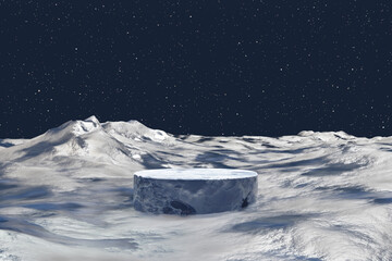3d rendering Stone podium on a planet covered in ice and cold for product stand display, advertising, mockup or etc