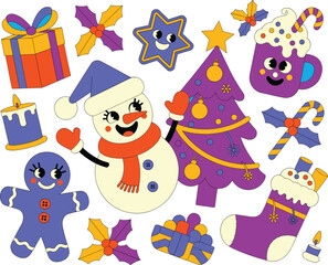 Obraz premium Retro Christmas holiday characters and icons including happy snowman with gingerbread man and decorated tree for festive winter celebrations and seasonal greeting card graphic resources concept