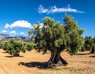 Fototapeta premium Olive grove under bright sky. Gnarled tree trunks anchor the scene in the golden, sun-drenched soil below