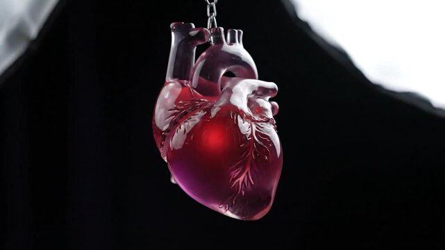 A transparent, glowing red anatomical heart model hangs on a chain against a dark background
