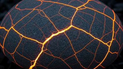 Cracked dark stone with glowing orange lava-like lines, close-up, abstract texture.