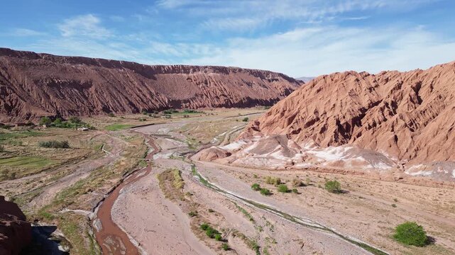 San Pedro de Atacama, Chile: Aerial footage of Catarpe Valley in San Pedro de Atacama, Chile. WIth forward and rotation motion showing the river between rock formation
