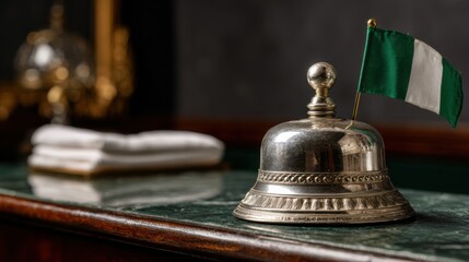 Hotel reception with bell and Nigeria flag on desk, showcasing service area and decor