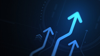 Business growth and financial progress, abstract blue upward arrows with digital lines and dots