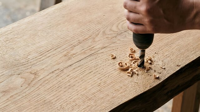 Hand drilling into a wooden plank.