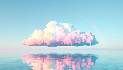 Dreamy image of a fluffy cloud with a rainbow over calm water