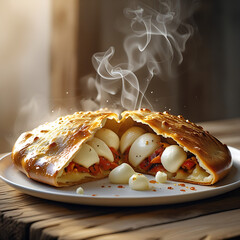Calzone on plate with melted mozzarella cheese and steam rising