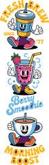 Fototapeta premium Retro cartoon beverage characters walking with morning coffee cup berry smoothie and iced drink mascot illustration set for cafe menu branding restaurant advertising and food graphic design