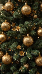 elegant gold ornaments on a festive tree