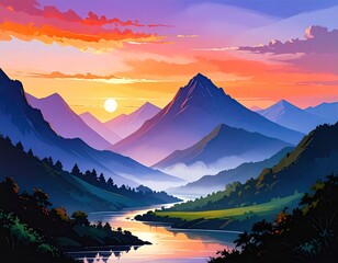 Vivid sunset over a mountainous landscape with a river