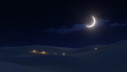 Serene winter night with crescent moon shining over snow covered landscape