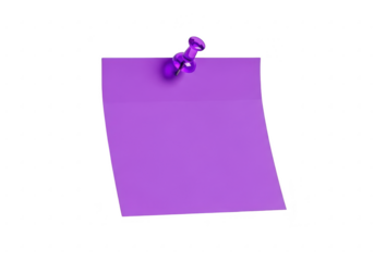 Purple sticky note pinned with a thumbtack isolated on transparent background