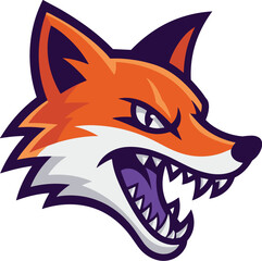 Fototapeta premium Angry red fox mascot logo head with sharp teeth and fierce expression for gaming sports team branding professional esports vector illustration for competitive gaming apparel and club identity