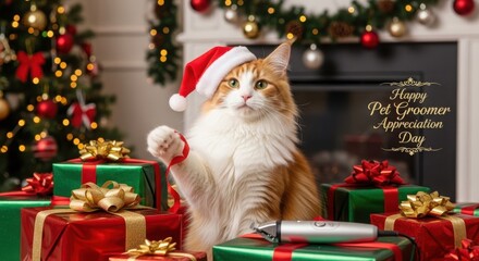 A festive pet groomer appreciation day scene with a cat