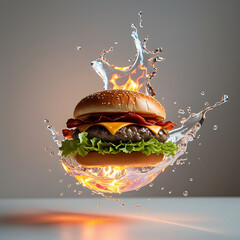 Cheeseburger with bacon lettuce and cheese splashing in water with flames