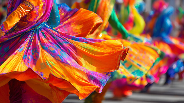 Vibrant spinning traditional dance costumes at Duruthu Perahera cultural celebration