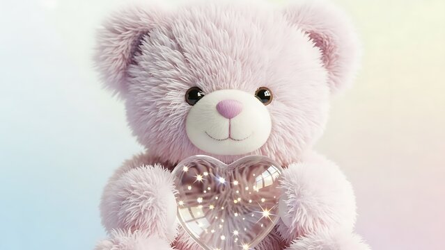 Cute Pink Teddy Bear Holding Sparkling Heart Shape