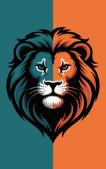 Obraz premium Majestic lion head vector illustration with artistic split color design in teal and orange representing strength dual nature power leadership and creative branding for esports and corporate logos