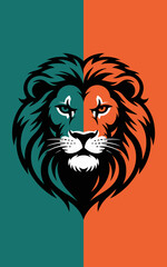 Obraz premium Lion head mascot logo with dual color split design featuring green and orange tones representing strength power and leadership for gaming teams sports branding corporate identity and creative marketin