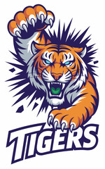 Obraz premium Aggressive tiger mascot logo breaking through wall for sports team branding fierce predator character illustration for gaming esports competitive club identity and varsity athletics apparel