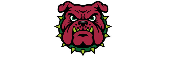 Obraz premium Aggressive bulldog mascot head with spiked collar vector illustration tough red dog face sports logo for high school college team branding fierce canine character graphic on white background