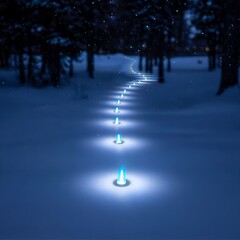Magical blue lights illuminate snowy forest path at night