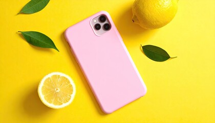 Pink phone in case, lemon, leaves on sunny yellow background