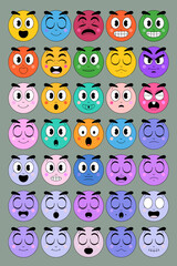 Colorful cartoon emoji faces set with various human emotions and expressions for social media communication and digital marketing messaging in vibrant retro flat design illustration style vector