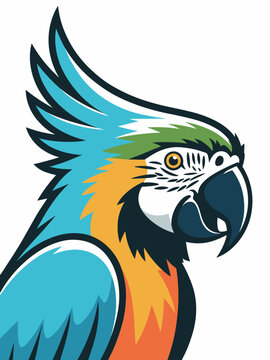 Colorful parrot macaw vector illustration with vibrant blue and orange feathers isolated on white background for wildlife branding pet shop logo design tropical bird mascot and nature graphics