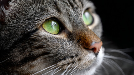 Close-up Portrait of a Gray Tabby Cat with Vibrant Green Eyes and Whiskers