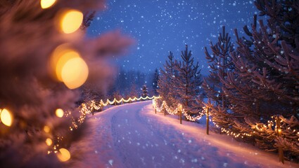 Magical winter wonderland with snow-covered trees and festive lights