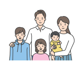家族のイラストベクター素材（2世代5人）