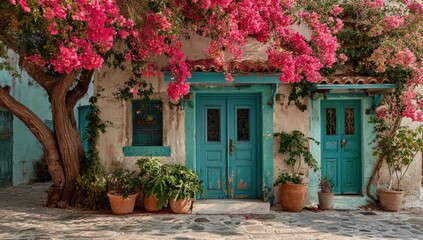 Vibrant pink bougainvillea flowers cascade over a charming whitewashed building with turquoise doors, creating a picturesque scene filled with natural beauty and inviting ambiance