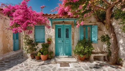 Fototapeta premium Vibrant blue door framed by blooming pink bougainvillea and lush greenery, showcasing a charming rustic house with stone pathway and inviting atmosphere