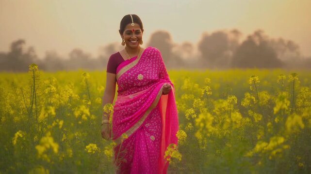 Indian woman in a pink sari standing in a field of flowers, smiling confidently with a soft rural background that reflects simplicity and cultural elegance.