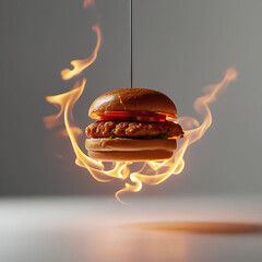 Chicken sandwich on fire flames burger burning