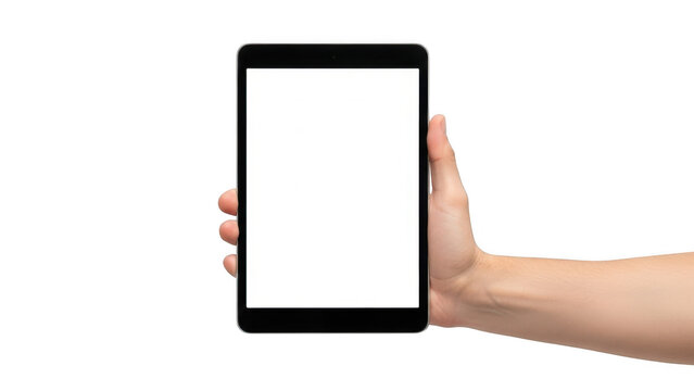 Hand holding tablet device isolated on transparent background