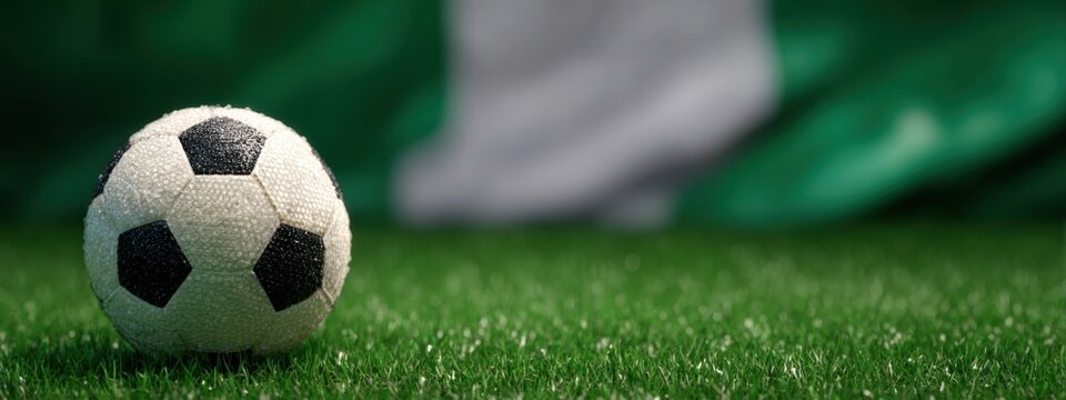 Soccer ball on grass field with flag in background during a game in a stadium setting