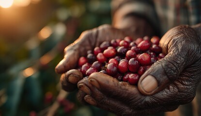 Hands of an elderly man holding freshly harvested coffee cherries, showcasing rich colors and textures, illuminated by warm sunlight in a lush agricultural setting
