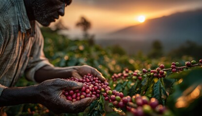 African American man carefully harvesting ripe coffee cherries in a lush plantation at sunset, showcasing the beauty of agricultural labor and connection to nature
