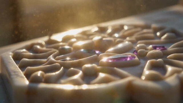 Macro detail of marble surface, precious stone inlays glimmering, sunlight grazing patterns, soft dust motes drifting, ultra cinematic, serene and majestic.