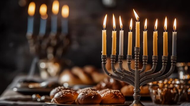 Lit Hanukkah menorah with glowing candles on festive table with traditional bread creating warm spiritual holiday atmosphere