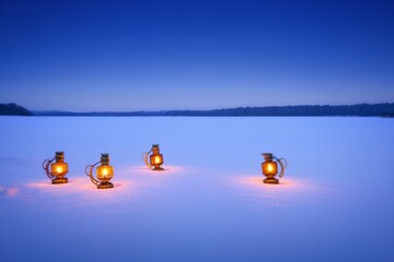 Glowing lanterns on snowy lake at dusk with serene landscape
