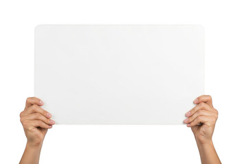 Hands holding a blank white sign isolated on transparent background