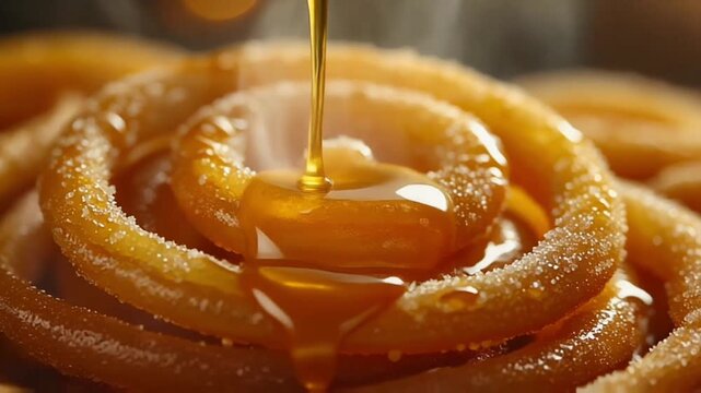 ultra macro of warm ghee dripping onto crispy jalebi swirls, glossy texture, sugar glistening like tiny mirrors, heat haze rising, delicious golden tones, smooth cinematic movement.