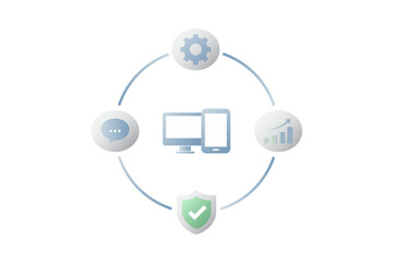 Flat IT operations lifecycle infographic showing system automation communication security and performance analytics